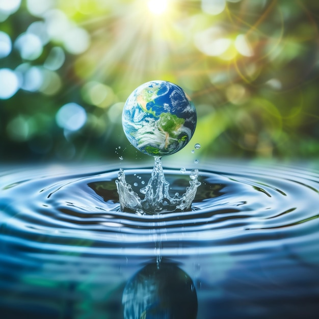 Bola de vidro planeta Terra com salpicos de água em um fundo de natureza