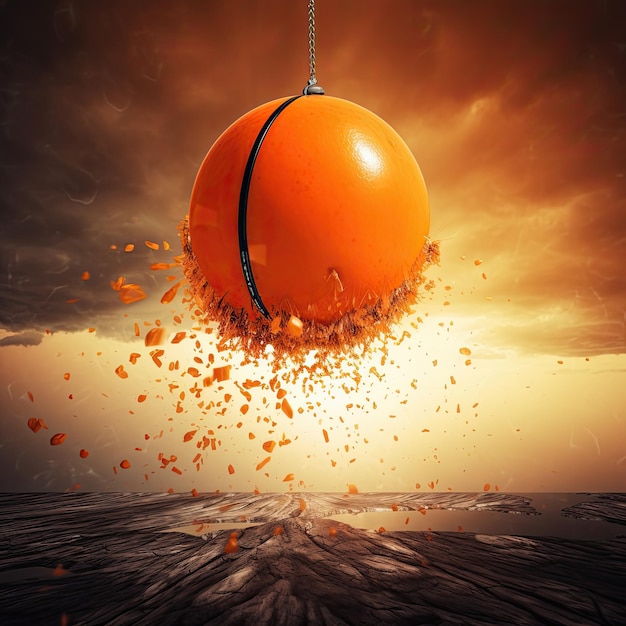 Bola de demolición naranja cayendo al mar con fondo de cielo de puesta de sol naranja