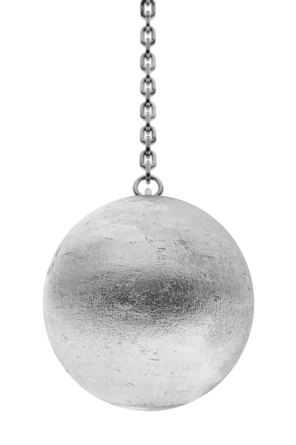Bola de demolición de primer plano sobre un fondo blanco. Representación 3D.