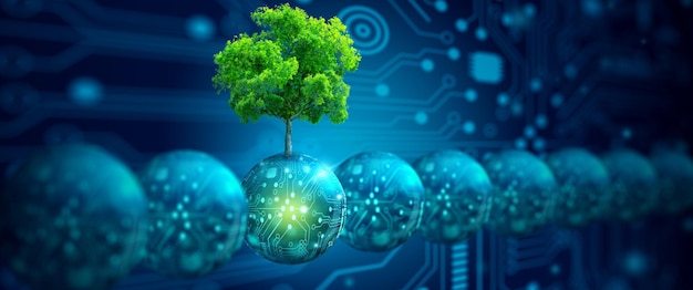 Bola digital con árbol contra la naturaleza Ecología Energía y Medio Ambiente Concepto