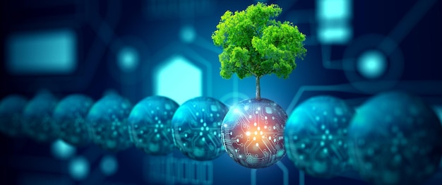 Bola digital con árbol contra la naturaleza Ecología Energía y Medio Ambiente Concepto