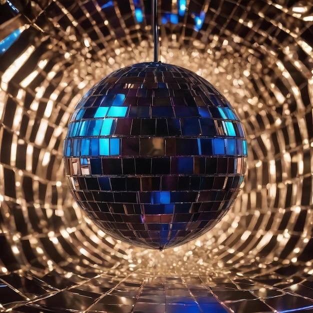 Bola de disco, bola de disco, fondo de cerca, bola de espejo de discoteca que refleja las luces de color azul.