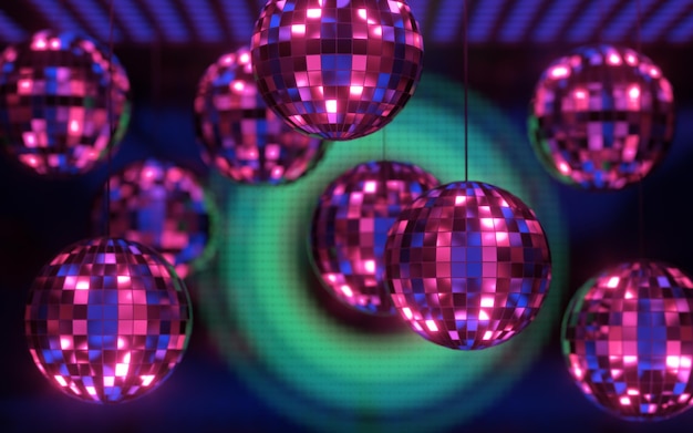 Foto bola de discoteca brillante con renderizado 3d de fondo de luz de neón