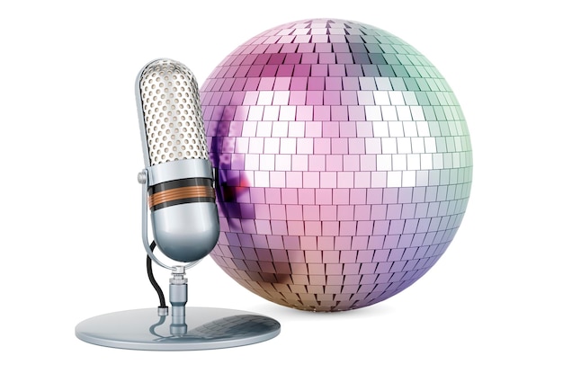Bola de discoteca espejo con representación 3D de micrófono retro
