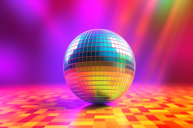 Foto una bola de discoteca en un piso colorido con una bola de discoteca en el fondo.