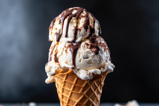 Una bola doble de helado de vainilla y chocolate en cono