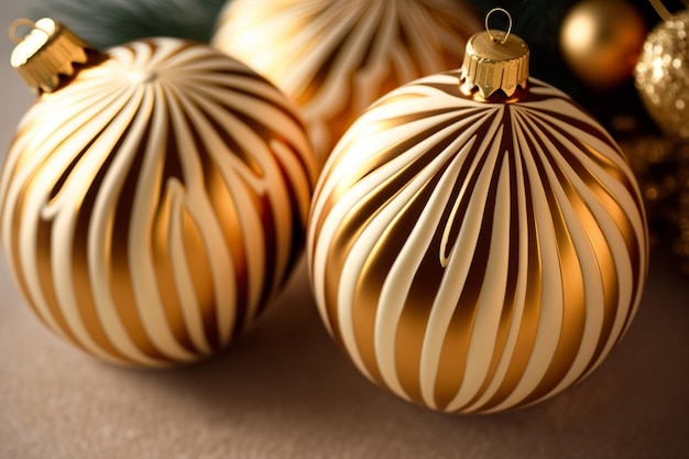 Bola dorada del árbol de navidad en una mesa