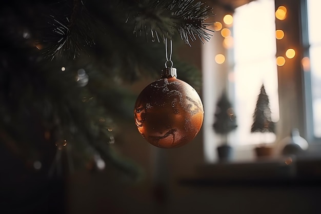 Bola dourada de Natal em um galho de árvore de Natal no brinquedo da casa no fundo de uma janela turva de inverno