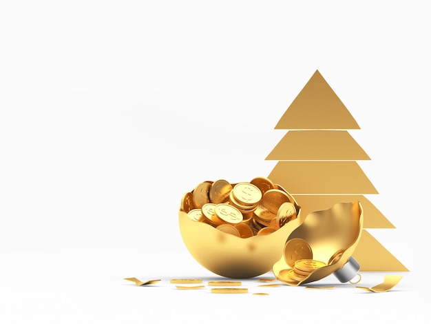 Bola dourada de Natal quebrada cheia de moedas e ícone de árvore