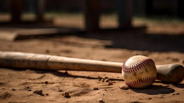 Bola e bastão de beisebol no campo de softbol fechado com ideia de espaço livre para banner AI gerado