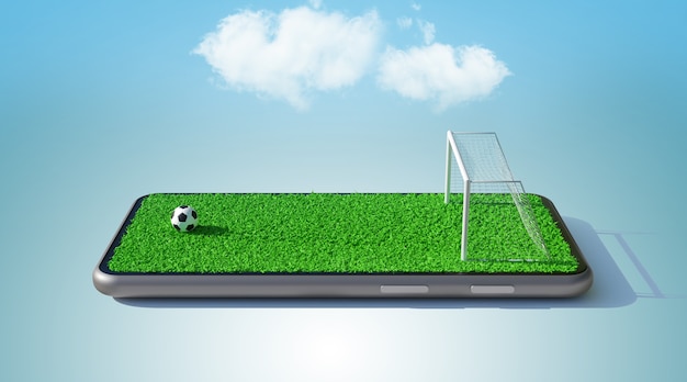 Bola e campo de futebol na tela do smartphone. conceito online de futebol, renderização em 3d