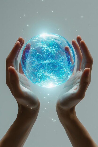 Foto una bola de energía azul en las manos de un hombre sobre un fondo gris