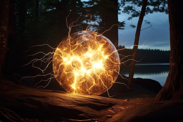 La bola etérea de energía brillante flota en el aire emitiendo una luz suave y radiante.