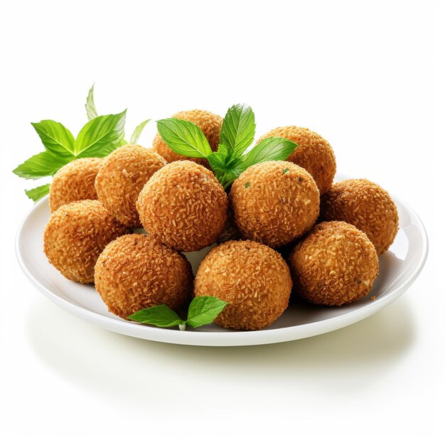 Bola de falafel en un plato sobre un fondo blanco