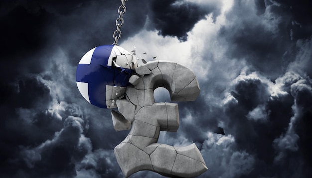 Bola de Finlandia rompiendo un símbolo de libra esterlina Reino Unido economía d render