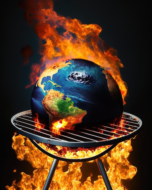 Una bola de fuego está en una parrilla con el planeta sobre ella.