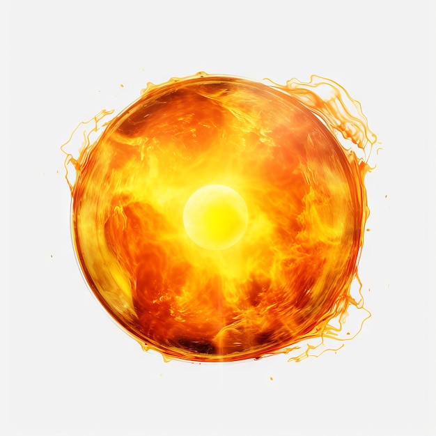 Una bola de fuego con un sol en el medio y un fondo blanco.