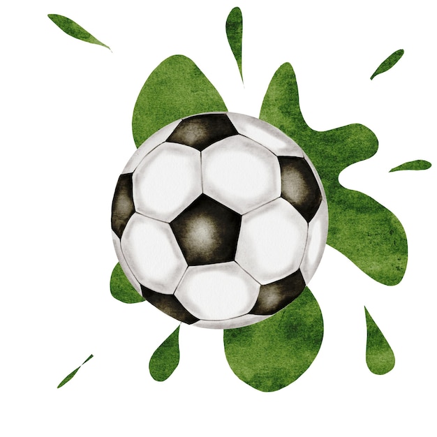 Bola de fútbol acuarela bola de fútbol y salpicaduras verdes ilustración dibujada a mano aislada en blanco