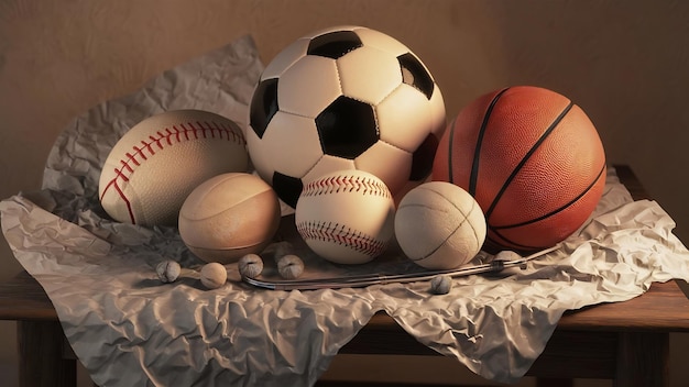 Bola de fútbol, béisbol, rugby y baloncesto en mesa de madera
