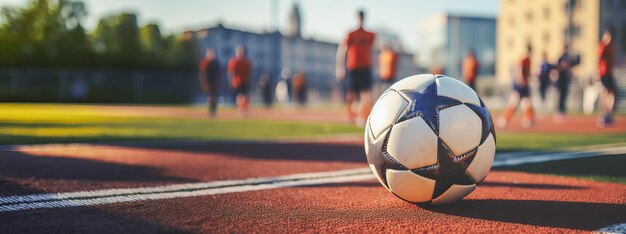 Foto bola de fútbol en un campo con jugadores entrenando fuera de foco en el fondo