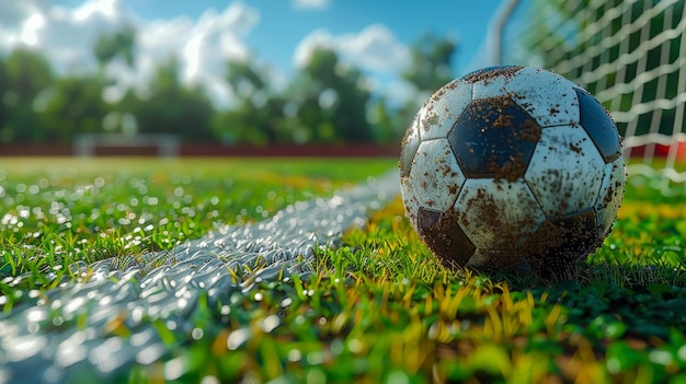 Bola de fútbol en el campo verde del estadio con luces y destellos