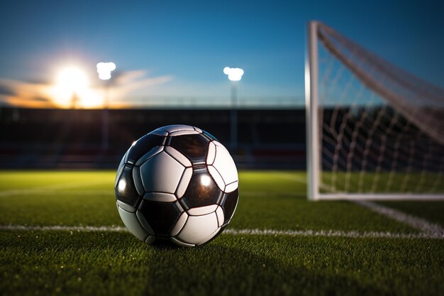 Bola de fútbol en el césped verde y la red de gol en el estadio de fútbol