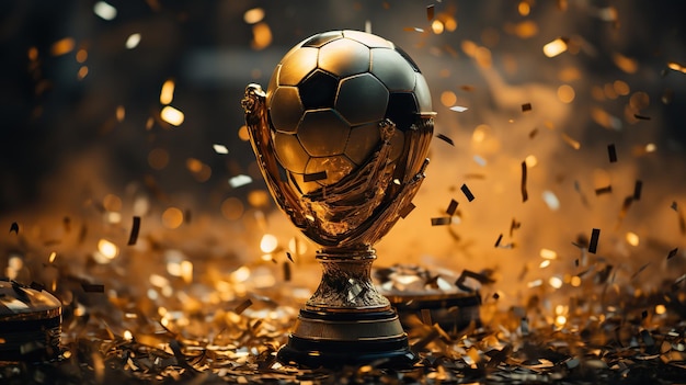 Foto bola de fútbol y copa de trofeo en el estadio ia generativa