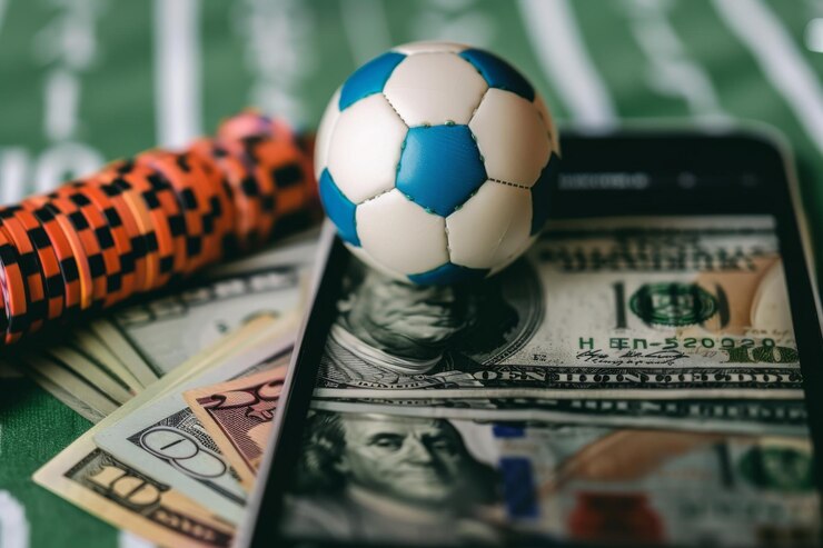 Bola de fútbol equilibrada en un teléfono inteligente con fichas de casino y billetes de dólar concepto de apuestas deportivas