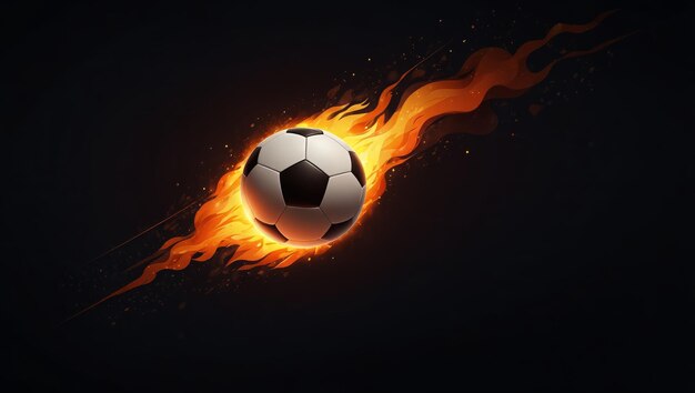 Foto bola de fútbol con fuego en vuelo en un fondo oscuro estilo 2d