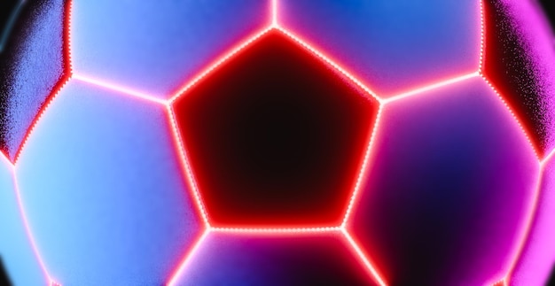 Bola de fútbol con luces de neón futuristas de cerca en 3D