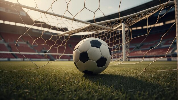 Bola de fútbol en la red de la portería con luz solar y árboles