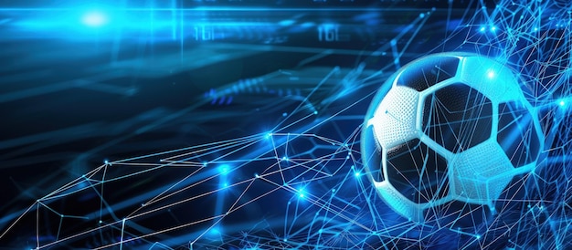 Bola de fútbol con red de tecnología digital en fondo de color neón imagen generada por IA