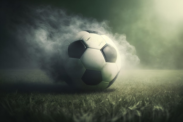 Bola de fútbol tradicional en un campo de fútbol en hierba verde con fondo nebuloso de tonos oscuros Arte generado por redes neuronales