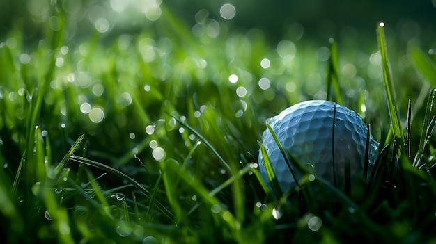 Foto bola de golf anidada en la hierba de rocío con efecto bokeh brillante en el fondo creando una mañana serena