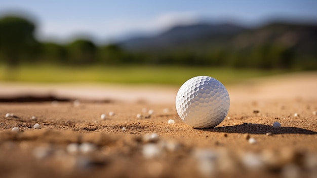 Bola de golf blanca en explosión de arena dorada en el fondo del búnker del campo de golf