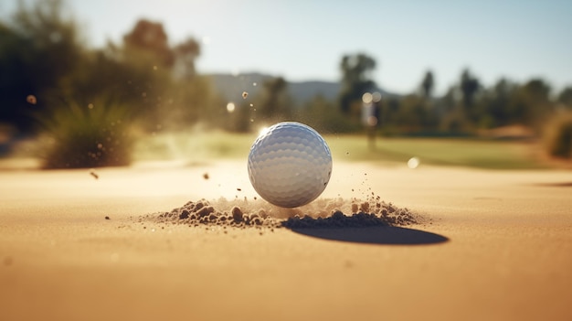 Bola de golf blanca en explosión de arena dorada en el fondo del búnker del campo de golf
