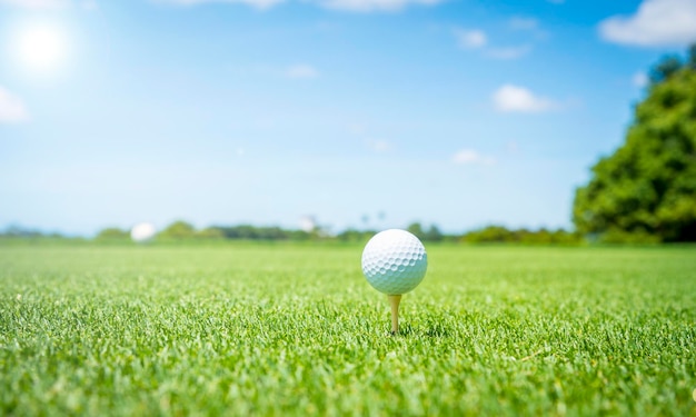 bola de golf en el césped con un cielo azul en el fondo