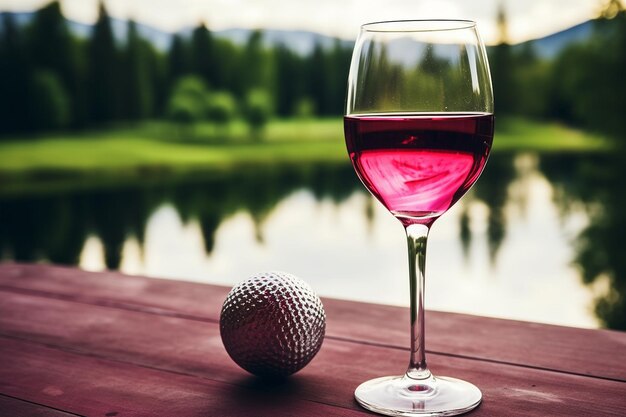 Foto bola de golf y una copa de vino combinando actividades de ocio