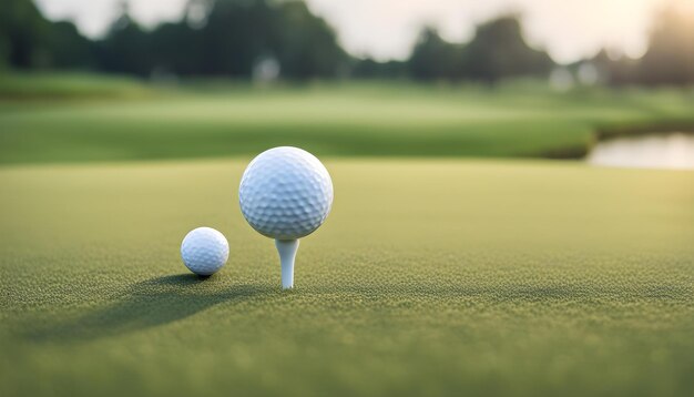 Bola de golf de primer plano en el tee con fondo de campo de golf de fairway