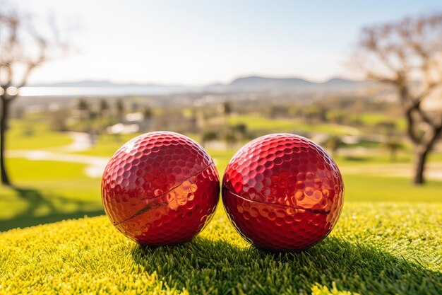 Bola de golf para las vacaciones de Pascua con bolas y huevos están en la hierba verde