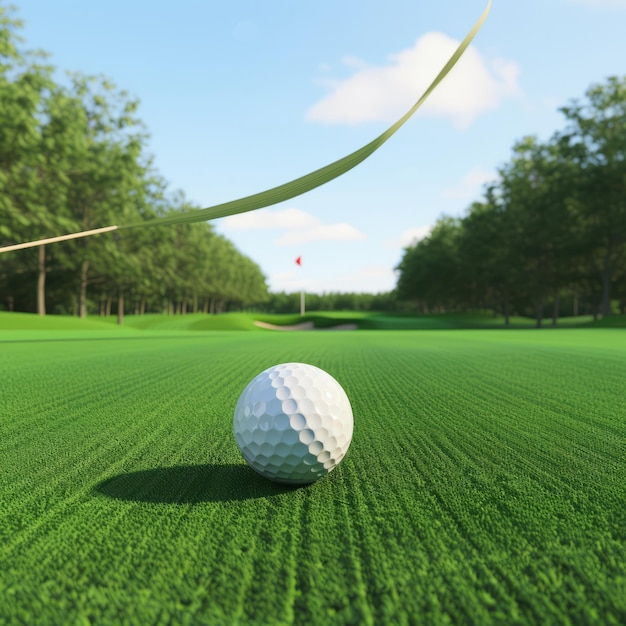 Bola de golf en el verde con trampa de arena en la distancia