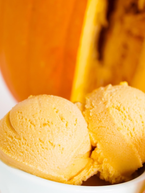 Bola de helado de calabaza gourmet en un tazón blanco.