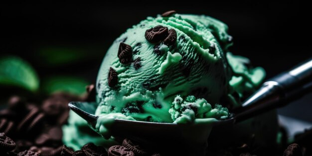 Una bola de helado de chispas de chocolate verde se asienta sobre una superficie oscura.