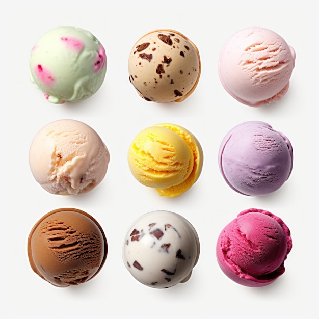 Foto bola de helado en fondo blanco con diferentes sabores