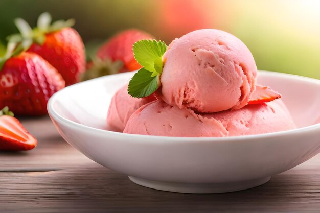 Bola de helado de fresa en un plato con trozos de fresa alrededor