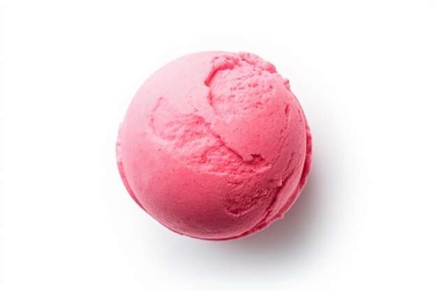 una bola de helado rosa sobre una superficie blanca