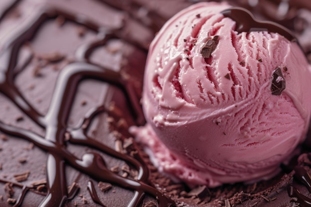 Foto bola de helado rosado cubierto con sabor a fresa de chocolate