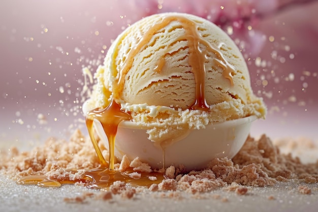 Bola de helado de vainilla con gotas de caramelo de cerca