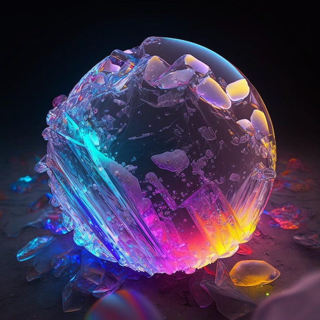 Una bola de hielo rota está sobre un fondo negro con luces de colores.