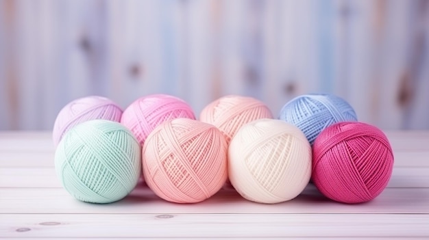 Foto bola de hilo de algodón de colores pastel mesa de madera bola de hilo de lana para tejer